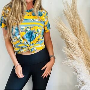 MARC JACOBS Gold Yellow Blue Stripe Floral Crew Relaxed Tee Shirt Knit Top L